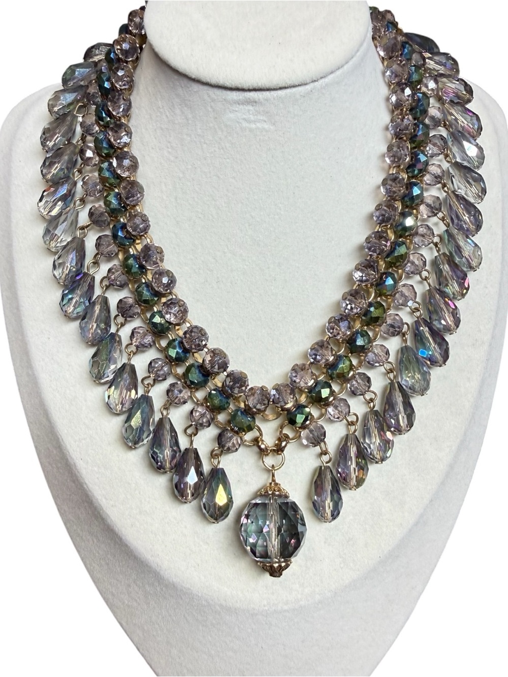 Vintage Aurora Borealis AB Faceted Glass Gold-Tone Statement Necklace